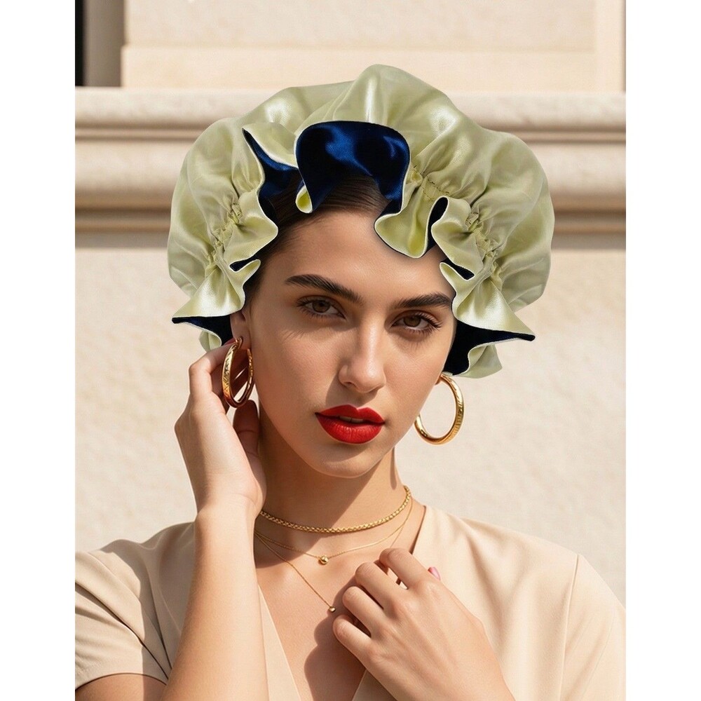 Reversible Satin Sleep Bonnet Hat – Navy & Yellow – Extra Large, Elastic Fit - Picture 3 of 16
